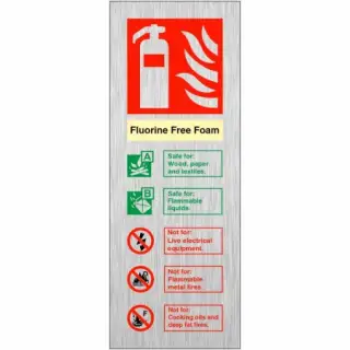 Brushed Aluminium &lpar;3mm&rpar; Fluorine Free Foam Fire Extinguisher ID Sign - 75mm x 200mm