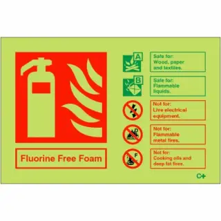 Photoluminescent &lpar;Glow in the Dark&rpar; Self Adhesive &lpar;Class C&rpar; Fluorine Free Foam Fire Extinguisher ID Sign - 150mm x 100mm