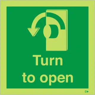 Photoluminescent &lpar;Glow in the Dark&rpar; Self Adhesive &lpar;Class C&rpar; Turn To Open Arow Left Sign - 100mm x 100mm