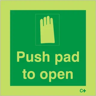 Photoluminescent &lpar;Glow in the Dark&rpar; Self Adhesive &lpar;Class C&rpar; Push Pad To Open Sign - 100mm x 100mm