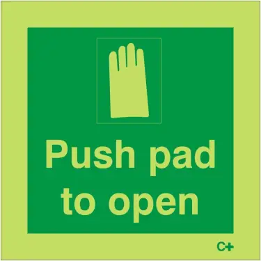 Click Here To Enlarge This Photo Of Photoluminescent &lpar;Glow in the Dark&rpar; Rigid Plastic &lpar;Class C&rpar; Push Pad To Open Sign - 100mm x 100mm