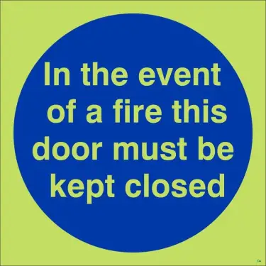 Click Here To Enlarge This Photo Of Photoluminescent &lpar;Glow in the Dark&rpar; Self Adhesive &lpar;Class C&rpar; In The Event Of A Fire This Door Must Be Kept Closed Door Sign - 100mm x 100mm