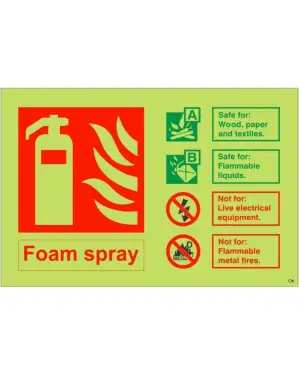Click Here To Enlarge This Photo Of Photoluminescent &lpar;Glow in the Dark&rpar; Rigid Plastic &lpar;Class C&rpar; Foam Spray Fire Extinguisher Sign - 150mm x 100mm