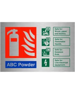 Brushed Aluminium &lpar;3mm&rpar; ABC Powder Fire Extinguisher ID Sign - 150mm x 100mm