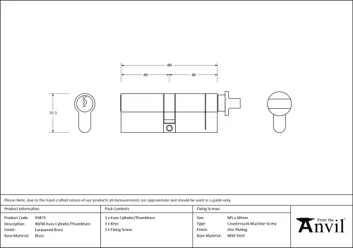 Click Here To Enlarge This Photo Of 91871 From The Anvil Brass 40&sol;40 Euro Profile Cylinder & Turn