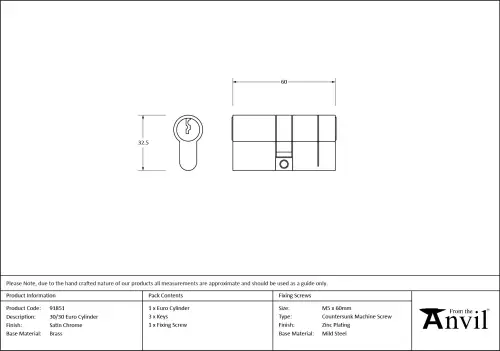 Click Here To Enlarge This Photo Of 91851 From The Anvil Satin Chrome 30&sol;30 Euro Profile Double Cylinder