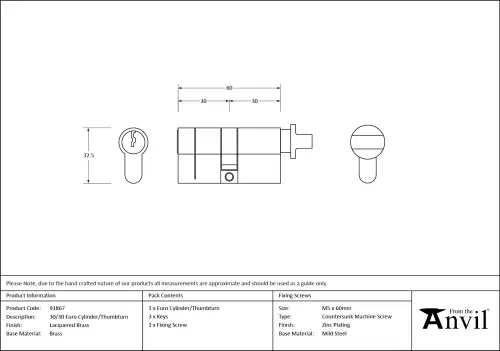 Click Here To Enlarge This Photo Of 91867 From The Anvil Brass 30&sol;30 Euro Profile Cylinder & Turn