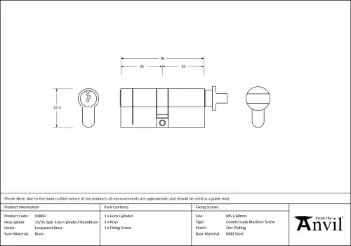Click Here To Enlarge This Photo Of 91869 From The Anvil Brass 35&sol;35 Euro Profile Cylinder & Turn