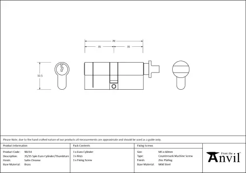 Click Here To Enlarge This Photo Of 90214 From The Anvil Satin Chrome 35&sol;35 Euro Profile Cylinder & Turn