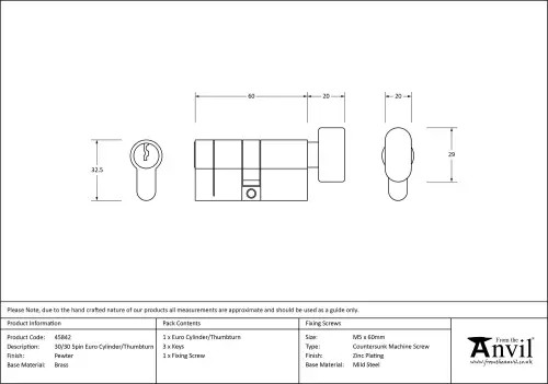 Click Here To Enlarge This Photo Of 45842 From The Anvil Pewter 30&sol;30 5pin Euro Profile Cylinder & Turn