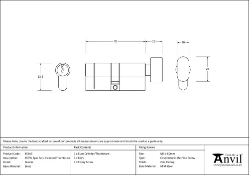 Click Here To Enlarge This Photo Of 45846 From The Anvil Pewter 35&sol;35 5pin Euro Profile Cylinder & Turn