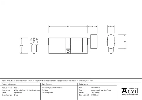 Click Here To Enlarge This Photo Of 45851 From The Anvil Aged Brass 40&sol;40 5pin Euro Profile Cylinder & Turn