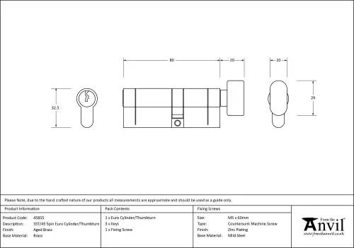 Click Here To Enlarge This Photo Of 45855 From The Anvil Aged Brass 35T&sol;45 5pin Euro Profile Cylinder & Turn
