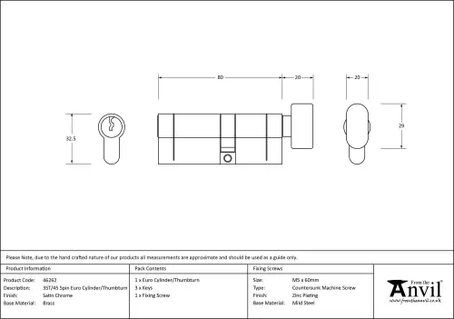 Click Here To Enlarge This Photo Of 46262 From The Anvil Satin Chrome 35T&sol;45 5pin Euro Profile Cylinder & Turn