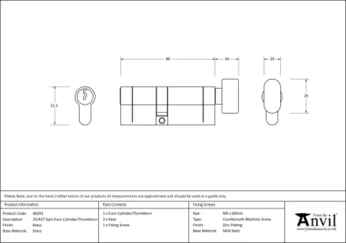 Click Here To Enlarge This Photo Of 46263 From The Anvil Brass 35&sol;45T 5pin Euro Profile Cylinder & Turn