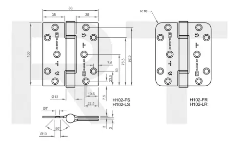Click Here To Enlarge This Photo Of H102-FR-BZP Royde & Tucker 100mm x 88mm x 3mm Grade 13 Hi-Load Three Knuckle Butt Hinge &lpar;Radius Corners&rpar; Bright Zinc Plated