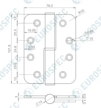 Click Here To Enlarge This Photo Of H3N1203&sol;13&sol;SSS&sol;R&sol;R - Carlisle Brass Eurospec 102mm x 76mm x 3mm Grade 13 Lift Off Hinges &lpar;Radius&rpar; Satin Stainless Steel &lpar;Right Hand&rpar;