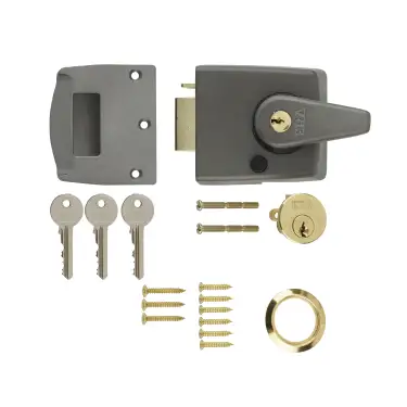 Click Here To Enlarge This Photo Of 194-31 ERA 60mm Double Locking Nightlatch Door Lock - Grey Body &sol; Brass Cylinder