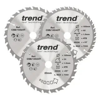 Trend CSB&sol;165&sol;3PK&sol;C Wood Cordless Circular Saw Blade 165mm x 20mm x 24&sol;40T &lpar;3 Pack&rpar;