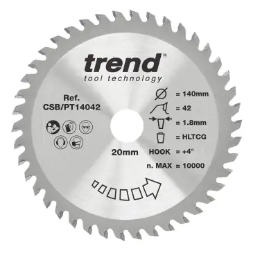 Click Here To Enlarge This Photo Of Trend CSB&sol;PT14042 Laminate&sol;HPL Circular Saw Blade 140mm x 20mm x 42T