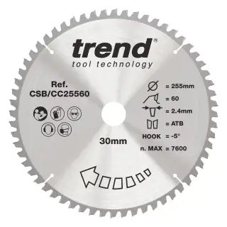 Trend CSB&sol;CC25560 Wood Mitre Saw Blade 255mm x 30mm x 60T