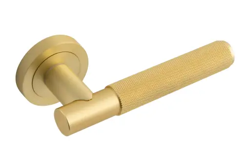 Click Here To Enlarge This Photo Of Eclipse 62233 Satin Brass Knurled Lever on Round Rose Set &lpar;Freestyle Range&rpar;