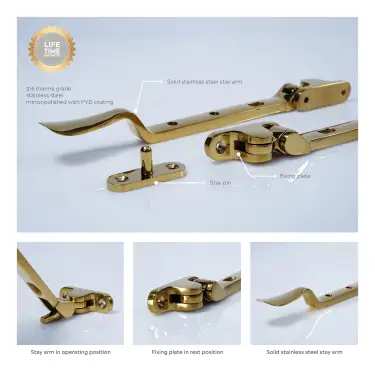 Click Here To Enlarge This Photo Of BLU Performance Regent 11" &lpar;280mm&rpar; Casement Window Stay&comma; 316 Stainless Steel in a PVD Polished Brass Finish &lpar;REG300-11-PPB&rpar;