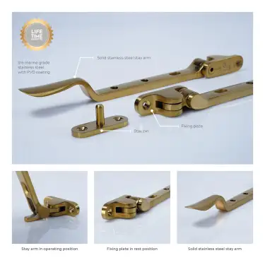 Click Here To Enlarge This Photo Of BLU Performance Regent 8" &lpar;203mm&rpar; Casement Window Stay&comma; 316 Stainless Steel in a PVD Satin Brass Finish &lpar;REG300-8-PSB&rpar;