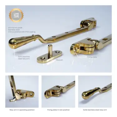 Click Here To Enlarge This Photo Of BLU Performance 11" &lpar;279mm&rpar; Opera Casement Window Stay&comma; 316 Stainless Steel in a PVD Polished Brass Finish &lpar;TBH300-11-PPB&rpar;