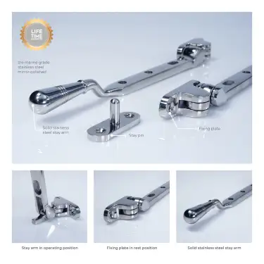 Click Here To Enlarge This Photo Of BLU Performance 8" &lpar;203mm&rpar; Opera Casement Window Stay&comma; 316 Polished Stainless Steel &lpar;TBH300-8-PSS&rpar;