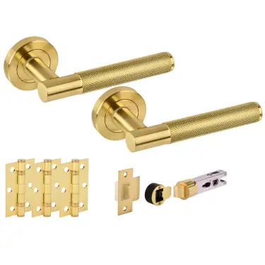 Click Here To Enlarge This Photo Of H2892SB - Hunta 'Evo' Knurled Satin Brass Passage Bullet Latch Doorpack with 3" Ball Bearing Hinges &lpar;57mm Backset&rpar;