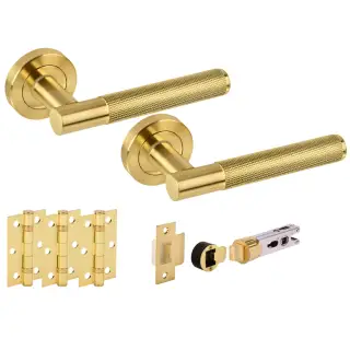 H2892SB - Hunta 'Evo' Knurled Satin Brass Passage Bullet Latch Doorpack with 3" Ball Bearing Hinges &lpar;57mm Backset&rpar;