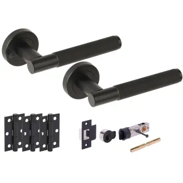 Click Here To Enlarge This Photo Of H2893BM - Hunta 'Evo' Knurled Matt Black Privacy Bullet Latch Doorpack with 3" Ball Bearing Hinges &lpar;57mm Backset&rpar;