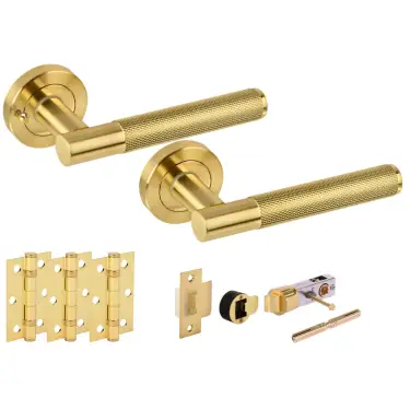 Click Here To Enlarge This Photo Of H2893SB - Hunta 'Evo' Knurled Satin Brass Privacy Bullet Latch Doorpack with 3" Ball Bearing Hinges &lpar;57mm Backset&rpar;
