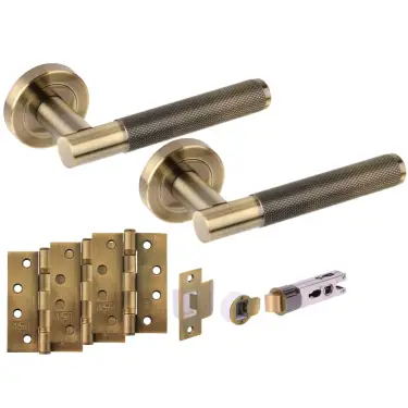 Click Here To Enlarge This Photo Of H2894ABR - Hunta 'Evo' Knurled Antique Bronze Passage Bullet Latch Doorpack with 4" Fire Door Ball Bearing Hinges &lpar;57mm Backset&rpar;
