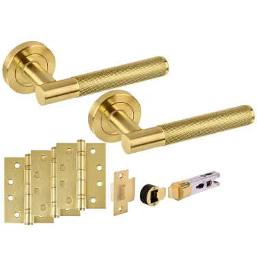 Click Here To Enlarge This Photo Of H2894SB - Hunta 'Evo' Knurled Satin Brass Passage Bullet Latch Doorpack with 4" Fire Door Ball Bearing Hinges &lpar;57mm Backset&rpar;
