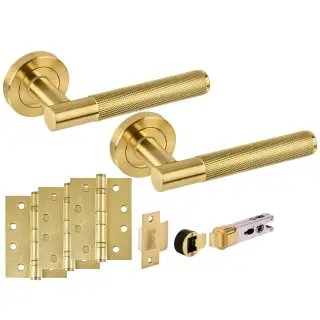 H2894SB - Hunta 'Evo' Knurled Satin Brass Passage Bullet Latch Doorpack with 4" Fire Door Ball Bearing Hinges &lpar;57mm Backset&rpar;