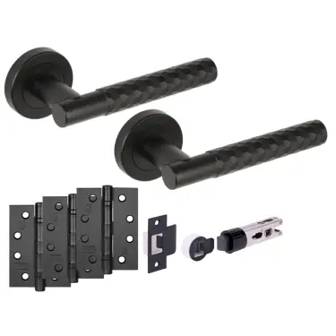 Click Here To Enlarge This Photo Of H2883BM - Hunta 'Roca' Diamond Cut Matt Black Passage Bullet Latch Doorpack with 4" Fire Door Ball Bearing Hinges &lpar;57mm Backset&rpar;