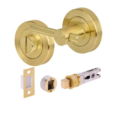 Click Here To Enlarge This Photo Of H2957SB - Hunta Satin Brass Knurled Bar Bathroom Turn & Release Bullet Deadbolt Doorpack &lpar;57mm Backset&rpar;