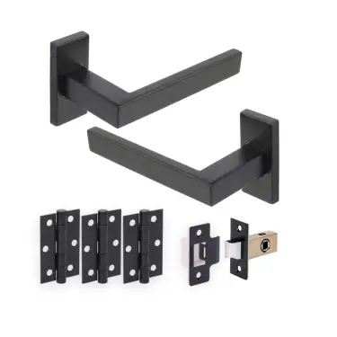 Click Here To Enlarge This Photo Of H2933BM - Hunta Matt Black Urban Vecta Square Lever Door Handle Set for Narrow Stile Doors with 3" Ball Bearing Hinges &lpar;35mm Backset&rpar;