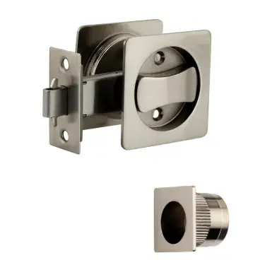 Click Here To Enlarge This Photo Of H1512SNP - Hunta Satin Nickel Square Sliding Privacy Door Lock Kit c&sol;w Flush Pulls and Hook Lock