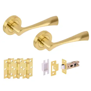 Click Here To Enlarge This Photo Of H2843SB - Hunta 'Zena' Satin Brass Passage Premium Latch Doorpack with 3" Ball Bearing Hinges &lpar;57mm Backset&rpar;