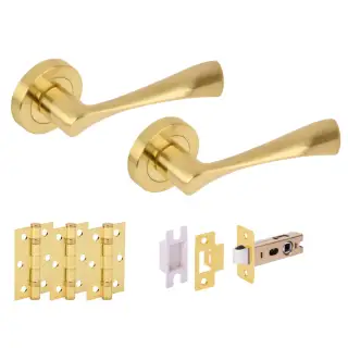 H2843SB - Hunta 'Zena' Satin Brass Passage Premium Latch Doorpack with 3" Ball Bearing Hinges &lpar;57mm Backset&rpar;