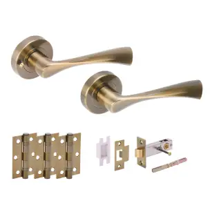 H2844ABR - Hunta 'Zena' Antique Brass Privacy Premium Latch Doorpack with 3" Ball Bearing Hinges &lpar;57mm Backset&rpar;