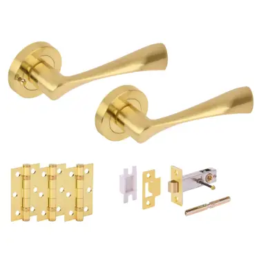 Click Here To Enlarge This Photo Of H2844SB - Hunta 'Zena' Satin Brass Privacy Premium Latch Doorpack with 3" Ball Bearing Hinges &lpar;57mm Backset&rpar;