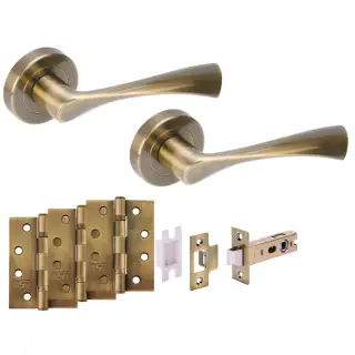 H6151ABR - Hunta 'Zena' Antique Brass Passage Premium Latch Doorpack with 4" Fire Door Ball Bearing Hinges &lpar;57mm Backset&rpar;