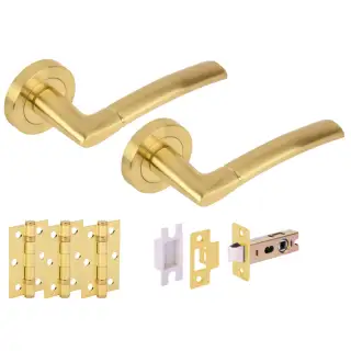 H2847SB - Hunta 'Nemo' Satin Brass Passage Premium Latch Doorpack with 3" Ball Bearing Hinges &lpar;57mm Backset&rpar;