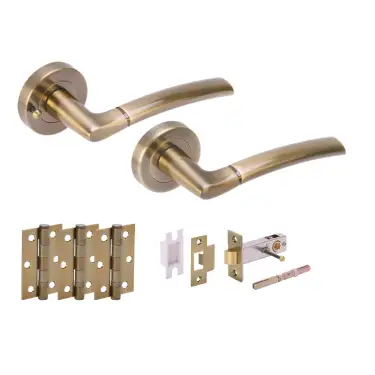 Click Here To Enlarge This Photo Of H2848ABR - Hunta 'Nemo' Antique Brass Privacy Premium Latch Doorpack with 3" Ball Bearing Hinges &lpar;57mm Backset&rpar;