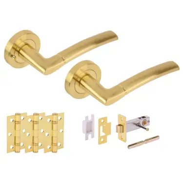 Click Here To Enlarge This Photo Of H2848SB - Hunta 'Nemo' Satin Brass Privacy Premium Latch Doorpack with 3" Ball Bearing Hinges &lpar;57mm Backset&rpar;