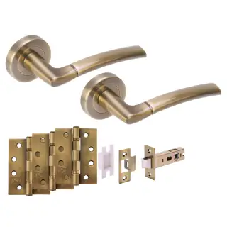H6152ABR - Hunta 'Nemo' Antique Brass Passage Premium Latch Doorpack with 4" Fire Door Ball Bearing Hinges &lpar;57mm Backset&rpar;